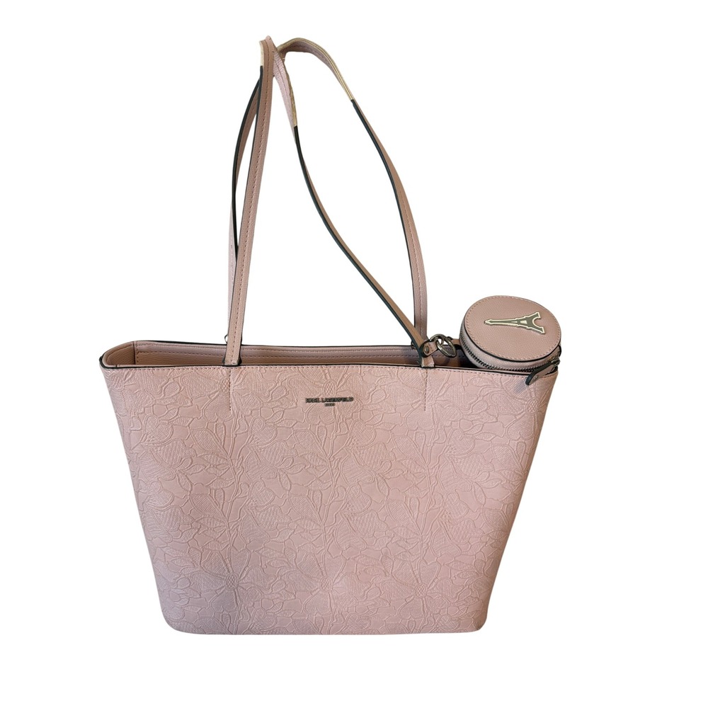 Karl Lagerfeld Paris Blush Pink Floral Lace Embossed Tote Bag with Coin Purse